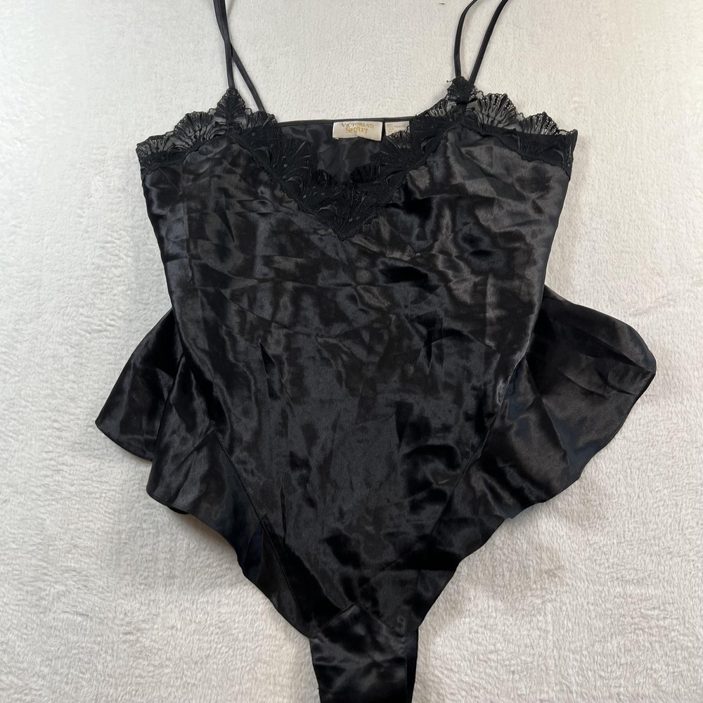 Vintage Victoria's Secret Teddy Large Black Satin Lace Sheer One Piece Lingerie